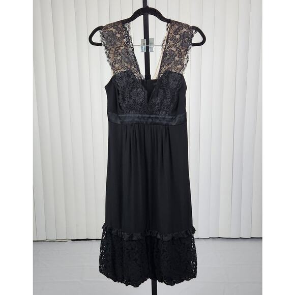 BCBGMAXAZRIA Silk Babydoll Dress Deep V-Neck Lace Detail Bubble Hem Black Size 2 - Picture 1 of 14